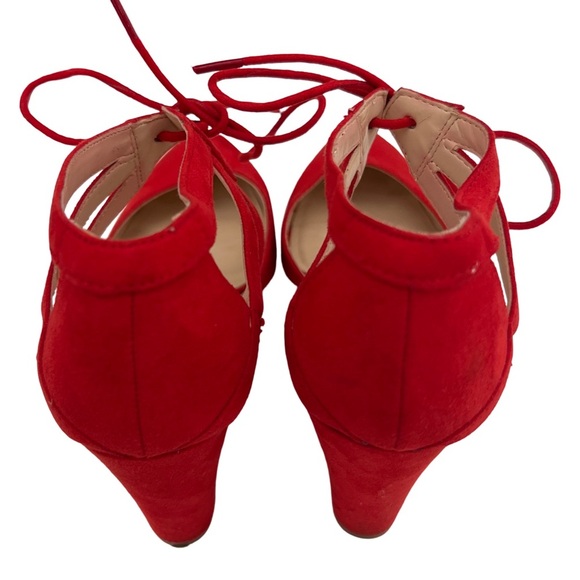 NINE WEST • Bright Red Stefani Suede Strappy Pointed Toe Block High Heels - Picture 5 of 14
